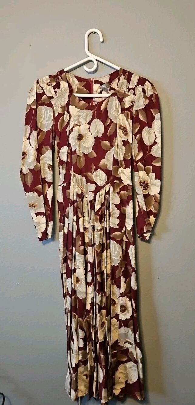 VTG Carol Anderson Dress Women's Sz 3/4 Red Floral A Line w/Shldr Pads & Pockets